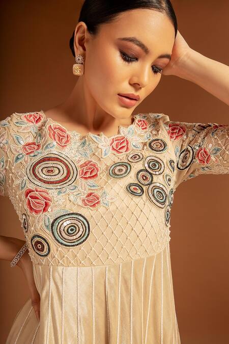 Shop Sejal Kamdar Beige Pure Satin Crepe Embellished Ajrak Floral And Anarkali With Pant Online at Aza Fashions Shop_Sejal Kamdar_Beige Pure Satin Crepe Embellished Ajrak Floral And Anarkali With Pant _Online_at_Aza_Fashions