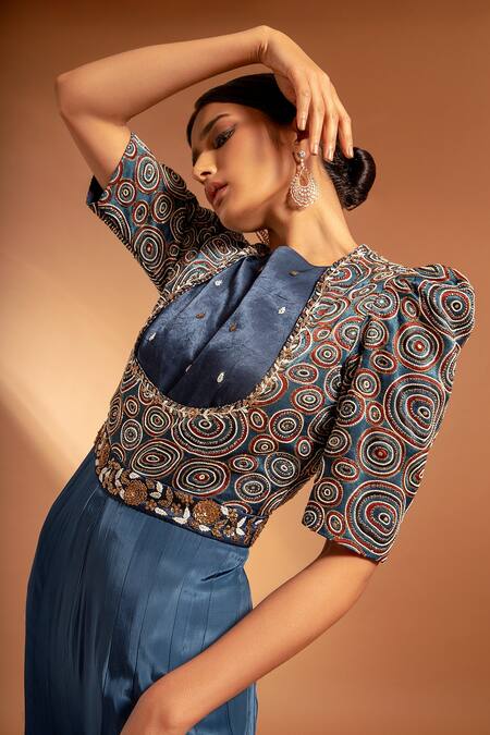 Buy_Sejal Kamdar_Blue Pure Satin Crepe Printed Bodice And Hemline Ajrak Square Jumpsuit  _Online_at_Aza_Fashions
