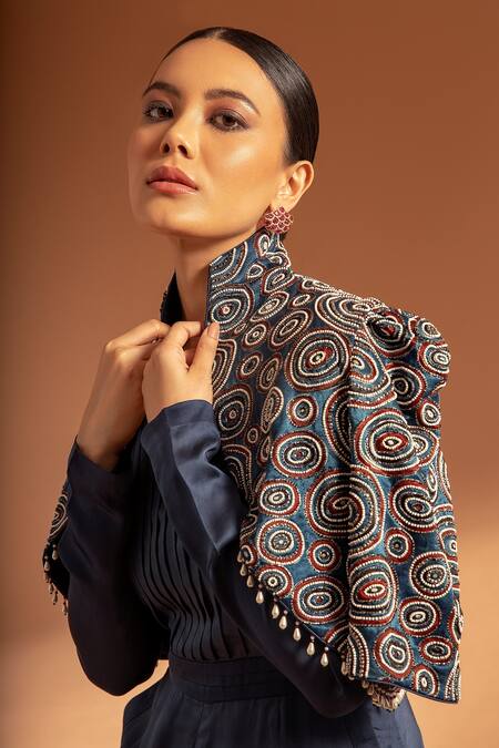 Sejal Kamdar Blue Silk Crystals, Cut Work High Pleated Jumpsuit With Ajrak Embellished Jacket Online at Aza Fashions Sejal Kamdar_Blue Silk Crystals, Cut Work High Pleated Jumpsuit With Ajrak Embellished Jacket _Online_at_Aza_Fashions