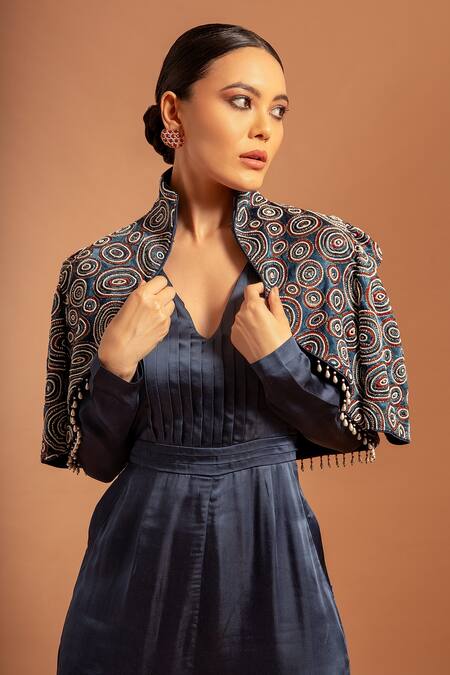 Buy Sejal Kamdar Blue Silk Crystals, Cut Work High Pleated Jumpsuit With Ajrak Embellished Jacket Online at Aza Fashions Buy_Sejal Kamdar_Blue Silk Crystals, Cut Work High Pleated Jumpsuit With Ajrak Embellished Jacket _Online_at_Aza_Fashions