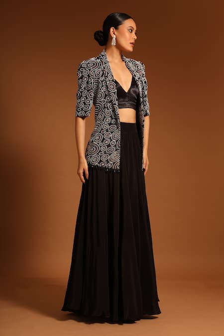 Sejal Kamdar_Black German And Pure Crape Print & Jacket & Pant Set  _at_Aza_Fashions
