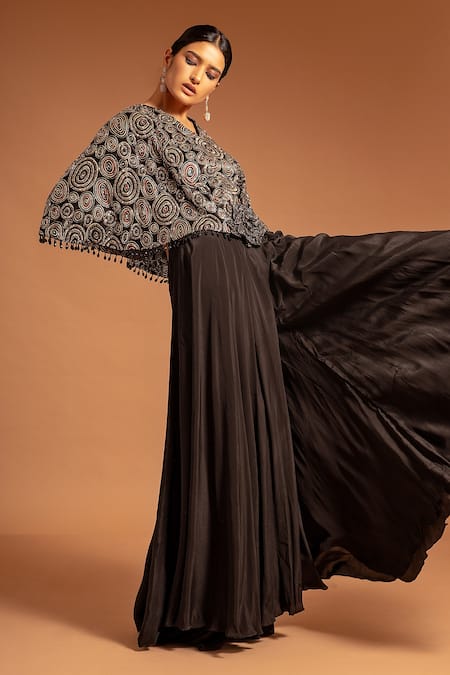 Sejal Kamdar_Black Satin, Silk Beads, Brooches, Rhinestones Ajrakh Print Layered Jumpsuit _Online_at_Aza_Fashions