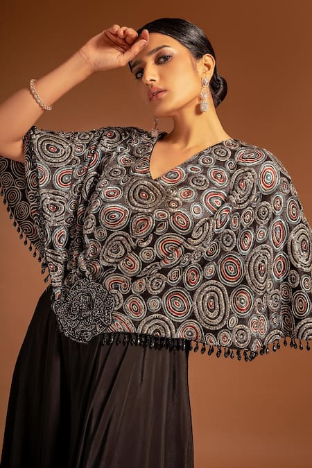 Buy_Sejal Kamdar_Black Satin, Silk Beads, Brooches, Rhinestones Ajrakh Print Layered Jumpsuit _Online_at_Aza_Fashions