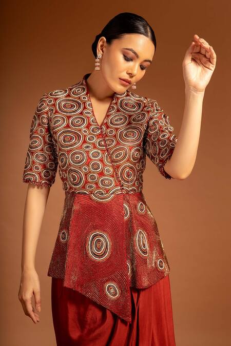 Buy_Sejal Kamdar_Maroon Pure Satin Crepe Embellished Ajrak Pattern Bodice Draped Dress  _Online_at_Aza_Fashions
