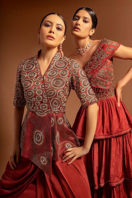 Shop_Sejal Kamdar_Maroon Pure Satin Crepe Embellished Ajrak Pattern Bodice Draped Dress  _Online_at_Aza_Fashions