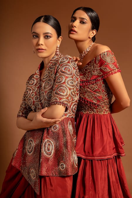 Sejal Kamdar_Maroon Pure Satin Crepe Embellished Ajrak Pattern Bodice Draped Dress  _at_Aza_Fashions