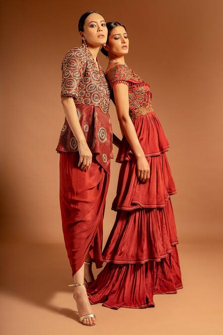 Sejal Kamdar_Maroon Pure Satin Crepe Patch Work Flower Vine Asymmetric Layered Gown  _Online_at_Aza_Fashions