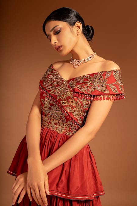 Buy_Sejal Kamdar_Maroon Pure Satin Crepe Patch Work Flower Vine Asymmetric Layered Gown  _Online_at_Aza_Fashions