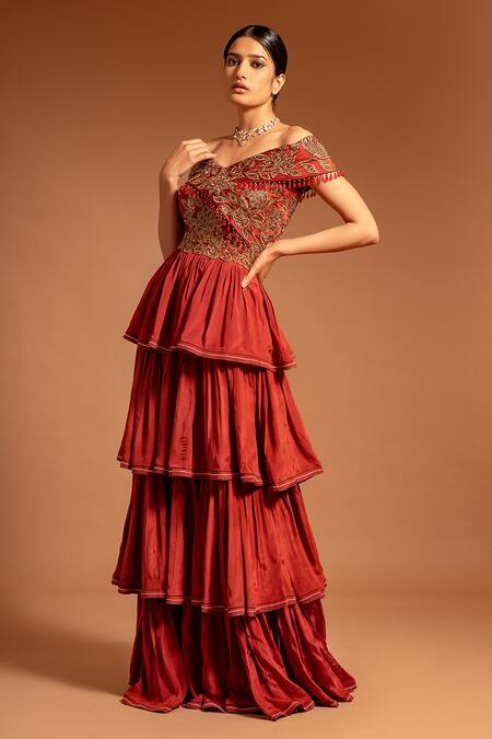 Shop_Sejal Kamdar_Maroon Pure Satin Crepe Patch Work Flower Vine Asymmetric Layered Gown  _Online_at_Aza_Fashions