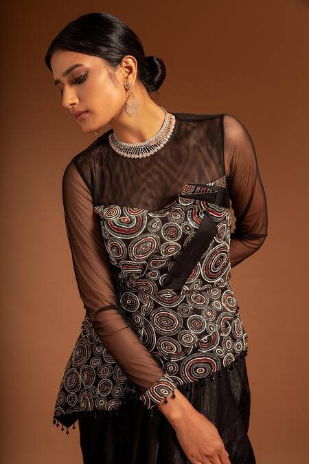 Sejal Kamdar_Black Pure Satin Crepe Print Ajrak Round Neck Structured Gown  _Online_at_Aza_Fashions