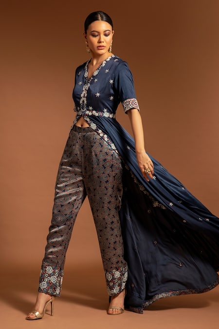 Sejal Kamdar Blue Pure Satin Crepe Print Flower Embroidered Jacket Tunic With Pant Online at Aza Fashions Sejal Kamdar_Blue Pure Satin Crepe Print Flower Embroidered Jacket Tunic With Pant _Online_at_Aza_Fashions