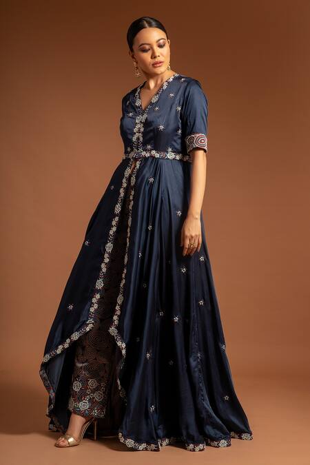 Buy Sejal Kamdar Blue Pure Satin Crepe Print Flower Embroidered Jacket Tunic With Pant Online at Aza Fashions Buy_Sejal Kamdar_Blue Pure Satin Crepe Print Flower Embroidered Jacket Tunic With Pant _Online_at_Aza_Fashions