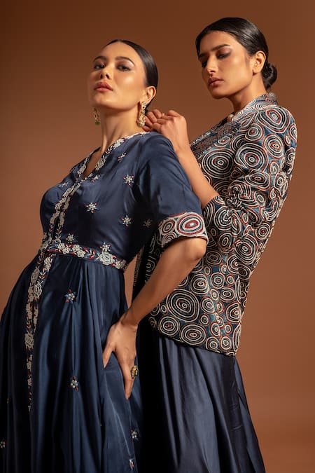 Shop Sejal Kamdar Blue Pure Satin Crepe Print Flower Embroidered Jacket Tunic With Pant Online at Aza Fashions Shop_Sejal Kamdar_Blue Pure Satin Crepe Print Flower Embroidered Jacket Tunic With Pant _Online_at_Aza_Fashions