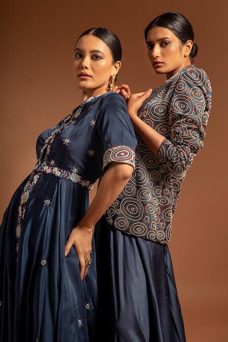 Sejal Kamdar Blue Pure Satin Crepe Print Flower Embroidered Jacket Tunic With Pant at Aza Fashions Sejal Kamdar_Blue Pure Satin Crepe Print Flower Embroidered Jacket Tunic With Pant _at_Aza_Fashions