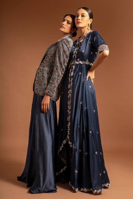 Buy Sejal Kamdar Blue Pure Satin Crepe Print Flower Embroidered Jacket Tunic With Pant Buy_Sejal Kamdar_Blue Pure Satin Crepe Print Flower Embroidered Jacket Tunic With Pant
