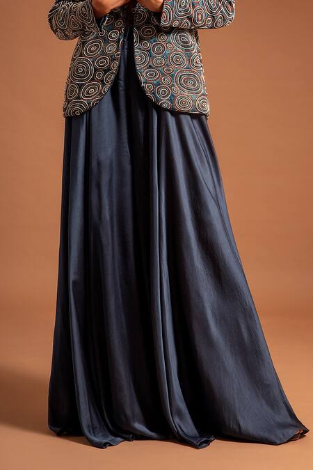 Sejal Kamdar_Blue Pure Satin Print Ajrak Lapel Collar Jacket And Fluid Pant Set  _Online_at_Aza_Fashions