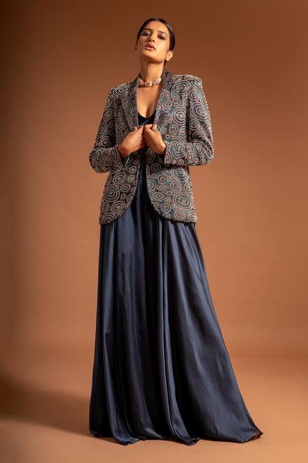 Buy Blue Pure Satin Print Ajrak Lapel Collar Jacket And Fluid Pant