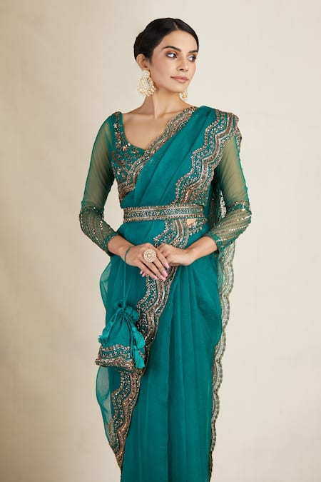 Astha Narang_Green Net, Crepe Embroidery, Sequins Scoop Neck Scallop Border Saree With Blouse _Online_at_Aza_Fashions