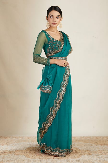 Buy_Astha Narang_Green Net, Crepe Embroidery, Sequins Scoop Neck Scallop Border Saree With Blouse _Online_at_Aza_Fashions