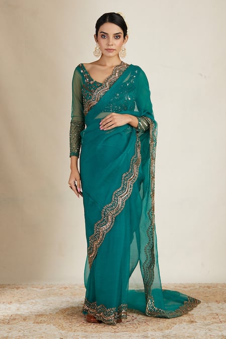 Shop_Astha Narang_Green Net, Crepe Embroidery, Sequins Scoop Neck Scallop Border Saree With Blouse _Online_at_Aza_Fashions