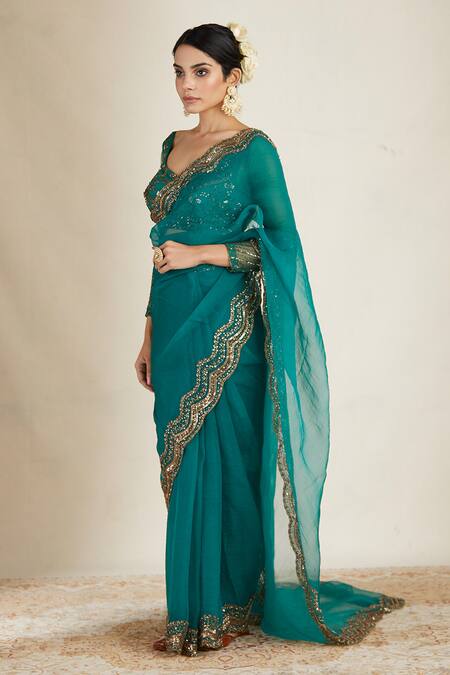 Astha Narang_Green Net, Crepe Embroidery, Sequins Scoop Neck Scallop Border Saree With Blouse _at_Aza_Fashions
