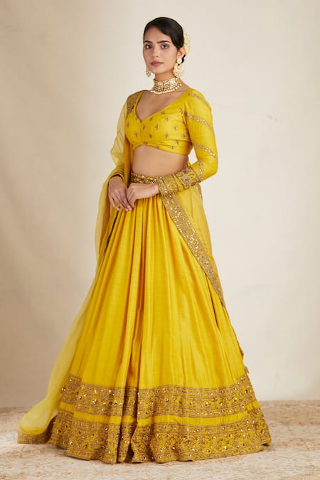 Astha Narang Yellow Chanderi Beads, Cut Work, Zari Asymmetric Embroidered Lehenga Set Online at Aza Fashions Astha Narang_Yellow Chanderi Beads, Cut Work, Zari Asymmetric Embroidered Lehenga Set _Online_at_Aza_Fashions