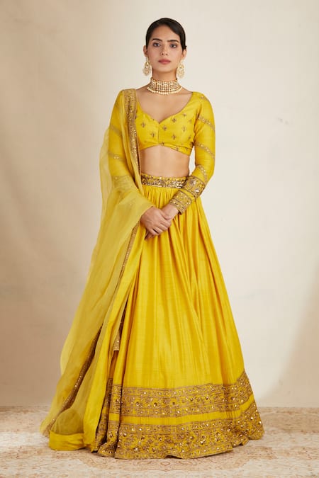Astha Narang Yellow Chanderi Beads, Cut Work, Zari Asymmetric Embroidered Lehenga Set at Aza Fashions Astha Narang_Yellow Chanderi Beads, Cut Work, Zari Asymmetric Embroidered Lehenga Set _at_Aza_Fashions