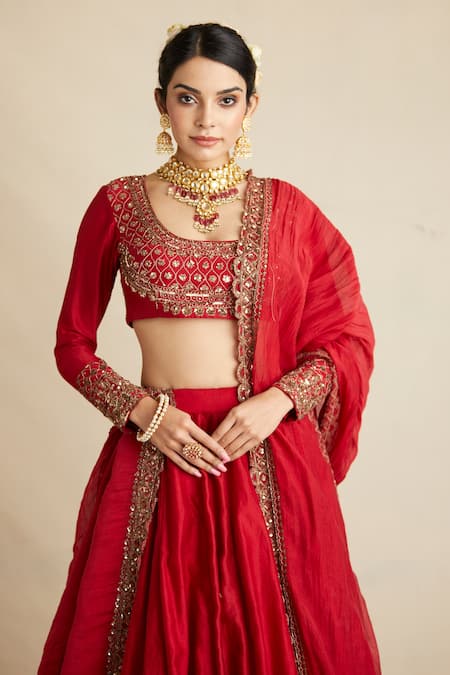 Buy_Astha Narang_Red Chanderi Sequins, Embroidery, Cut Work Scoop Neck Bridal Lehenga Set 