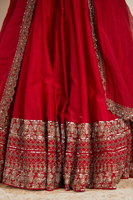 Shop_Astha Narang_Red Chanderi Sequins, Embroidery, Cut Work Scoop Neck Bridal Lehenga Set 