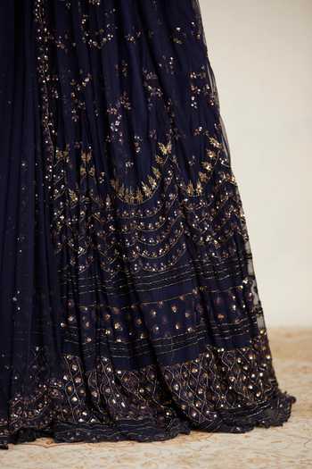 Shop_ASTHA NARANG_Blue Net, Crepe Embroidery, Sequins, Cut Metallic Floral Bridal Lehenga Set _Online_at_Aza_Fashions