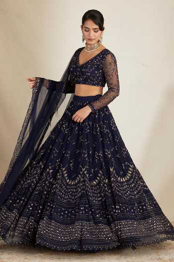 ASTHA NARANG_Blue Net, Crepe Embroidery, Sequins, Cut Metallic Floral Bridal Lehenga Set _at_Aza_Fashions