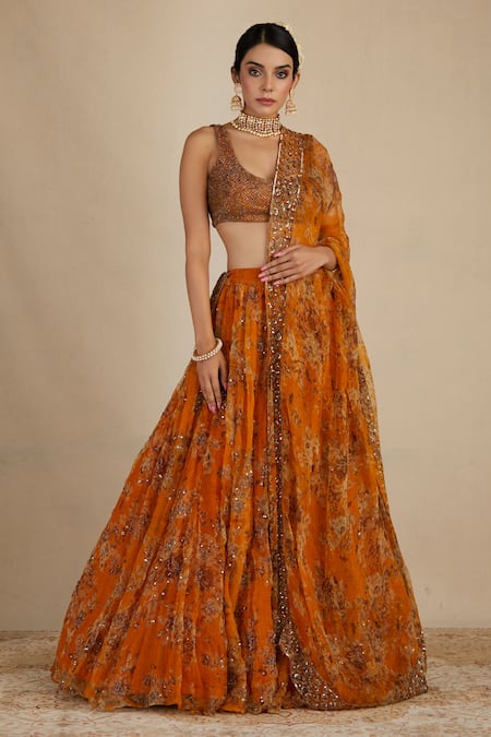 Astha Narang Yellow Organza U Neck Printed Lehenga Set 