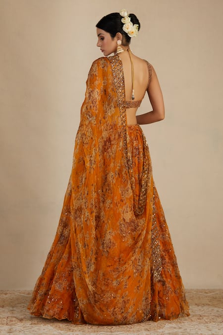 Astha Narang_Yellow Organza, Crepe U Neck Printed Lehenga Set _Online_at_Aza_Fashions