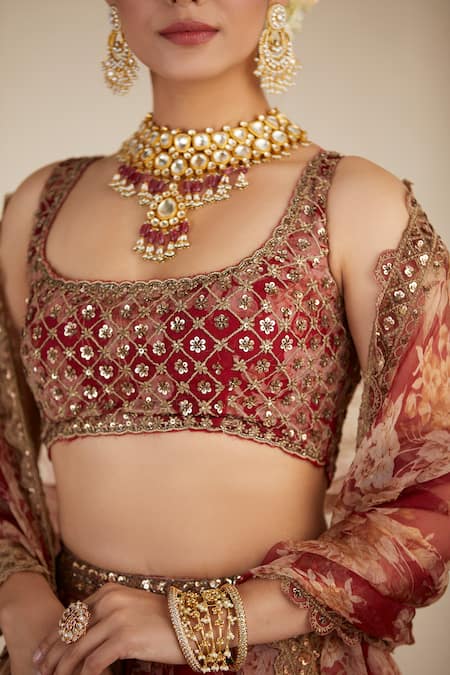 Shop_Astha Narang_Red Organza U Neck Printed Bridal Lehenga Set _Online_at_Aza_Fashions