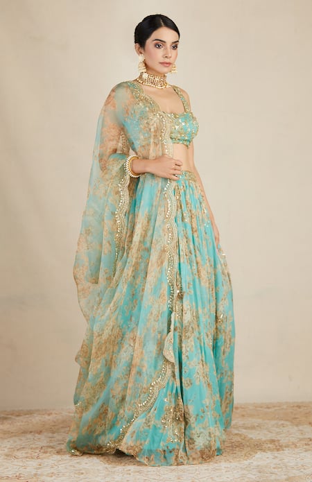 Astha Narang_Blue Organza, Crepe U Neck Printed Lehenga Set _Online_at_Aza_Fashions