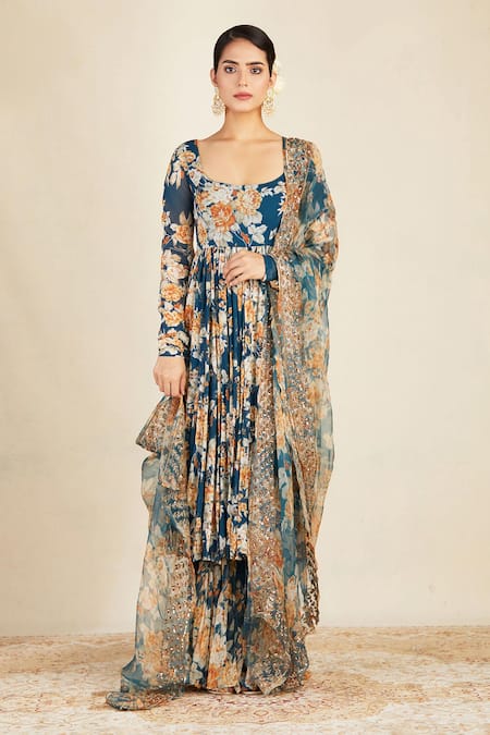 Astha Narang Blue Net, Crepe, Georgette U Neck Floral Print Anarkali Sharara Set