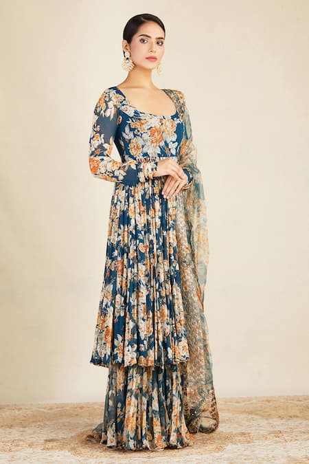 Astha Narang_Blue Net, Crepe, Georgette U Neck Floral Print Anarkali Sharara Set _Online_at_Aza_Fashions
