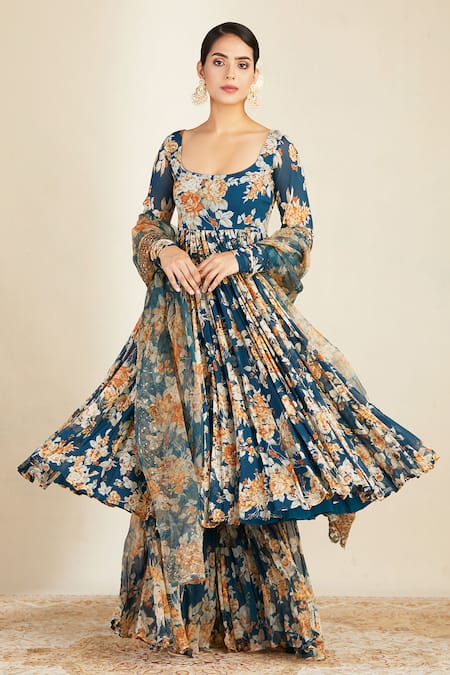 Buy_Astha Narang_Blue Net, Crepe, Georgette U Neck Floral Print Anarkali Sharara Set _Online_at_Aza_Fashions