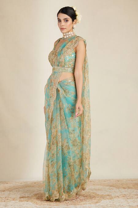 Astha Narang_Blue Organza, Crepe Floral Print Saree Set _Online_at_Aza_Fashions