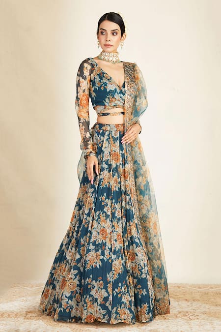 Buy_Astha Narang_Blue Organza, Crepe, Chiffon V Neck Floral Print Lehenga Set _Online_at_Aza_Fashions
