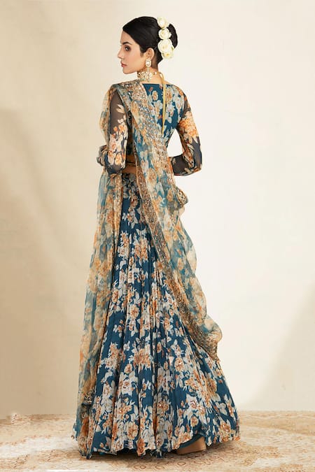 Astha Narang_Blue Organza, Crepe, Chiffon V Neck Floral Print Lehenga Set _Online_at_Aza_Fashions