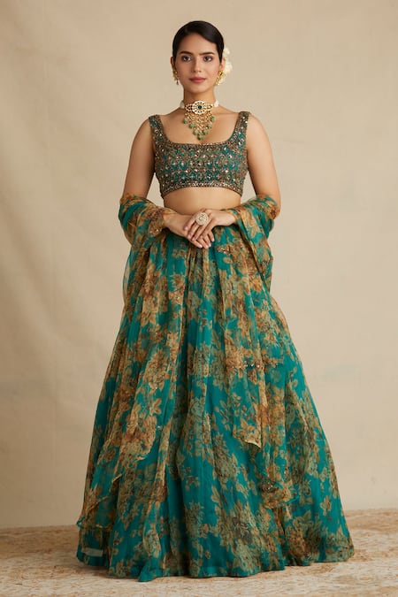 Shop Astha Narang Green Organza, Crepe U Neck Printed Lehenga Set Online at Aza Fashions Shop_Astha Narang_Green Organza, Crepe U Neck Printed Lehenga Set _Online_at_Aza_Fashions