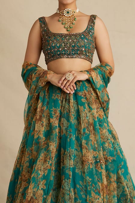 Astha Narang Green Organza, Crepe U Neck Printed Lehenga Set at Aza Fashions Astha Narang_Green Organza, Crepe U Neck Printed Lehenga Set _at_Aza_Fashions