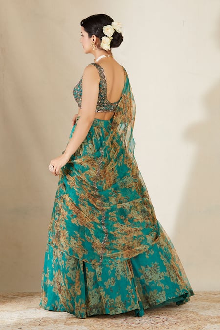 Astha Narang Green Organza, Crepe U Neck Printed Lehenga Set Online at Aza Fashions Astha Narang_Green Organza, Crepe U Neck Printed Lehenga Set _Online_at_Aza_Fashions