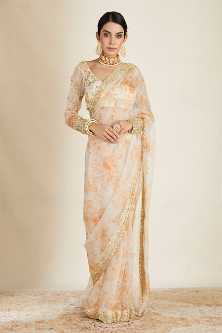Astha Narang_White Organza, Crepe Floral Print Saree Set _Online_at_Aza_Fashions