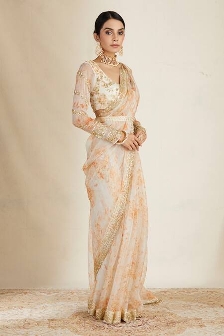 Buy_Astha Narang_White Organza, Crepe Floral Print Saree Set _Online_at_Aza_Fashions