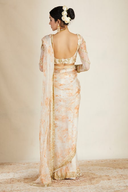 Shop_Astha Narang_White Organza, Crepe Floral Print Saree Set _at_Aza_Fashions