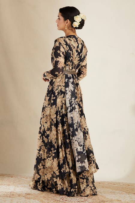Shop Astha Narang Black Crepe, Chiffon, Georgette Round Floral Print Jumpsuit With Jacket at Aza Fashions Shop_Astha Narang_Black Crepe, Chiffon, Georgette Round Floral Print Jumpsuit With Jacket _at_Aza_Fashions