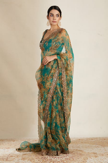 Buy_Astha Narang_Green Organza, Crepe Floral Print Saree Set _Online_at_Aza_Fashions