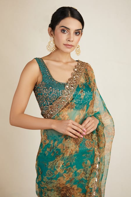 Shop_Astha Narang_Green Organza, Crepe Floral Print Saree Set _Online_at_Aza_Fashions